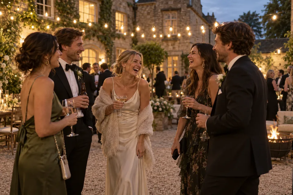 Wedding guests laughing together in a courtyard at dusk