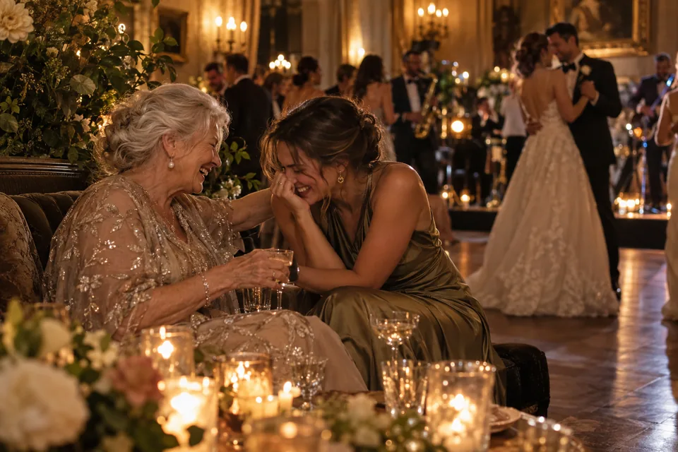 Two guests sharing a quiet laugh while the couple dances nearby